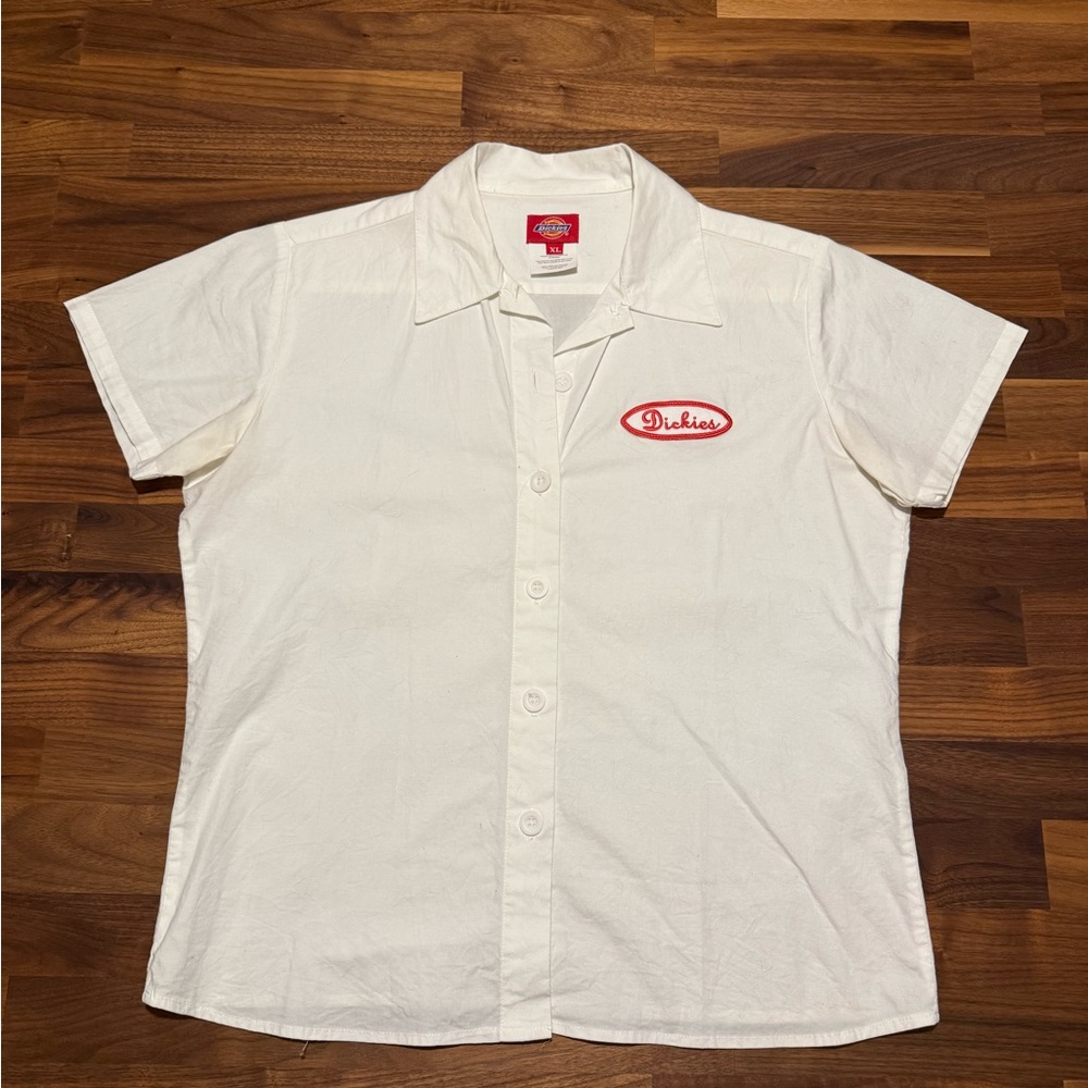 Vintage Dickies White Button-Up Shirt with Red Logo